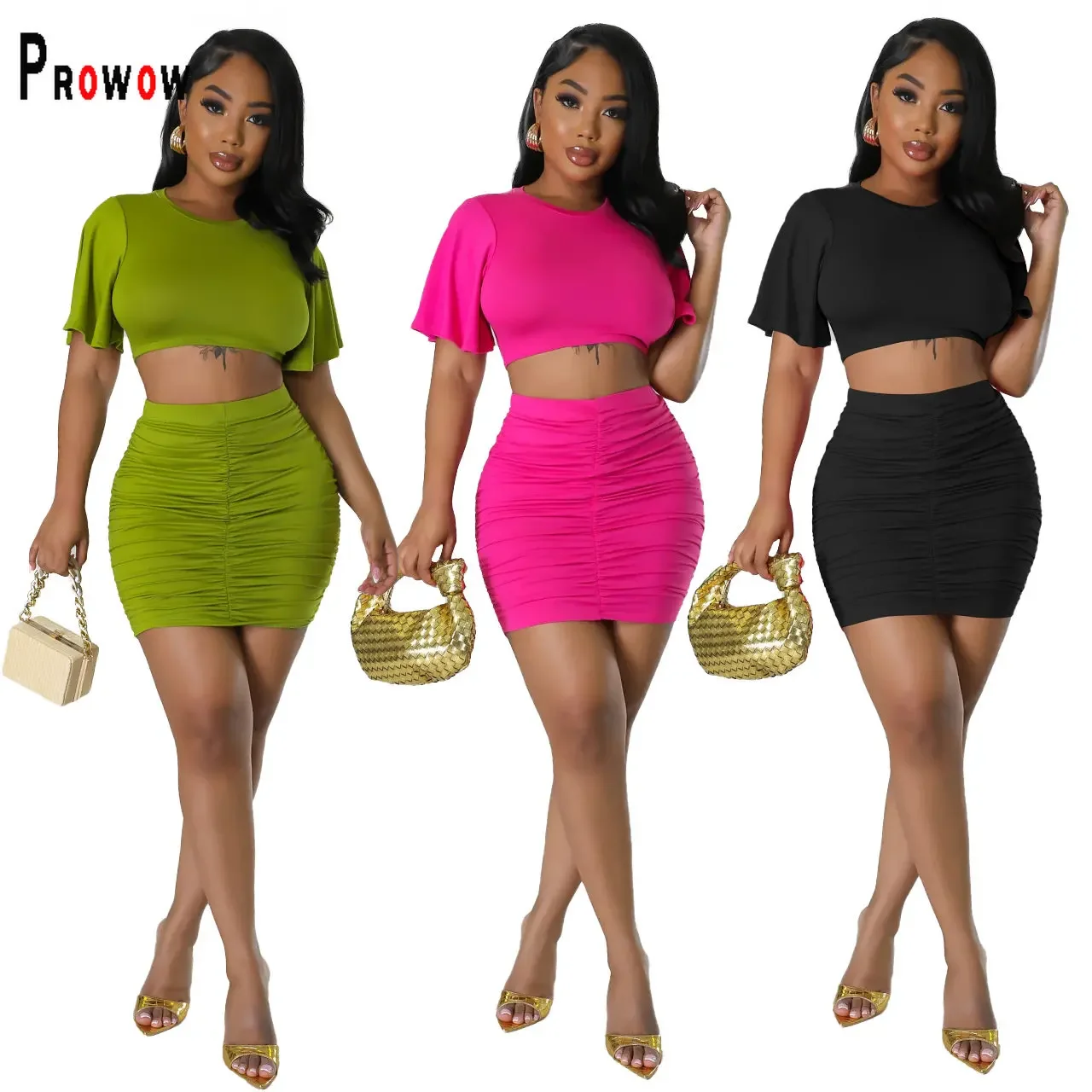 

Prowow Sexy Women Clothing Set Short-sleeved Crop Tops Folds Skirt Two Piece Summer Suits 204 New Solid Color Slim Fit Wear