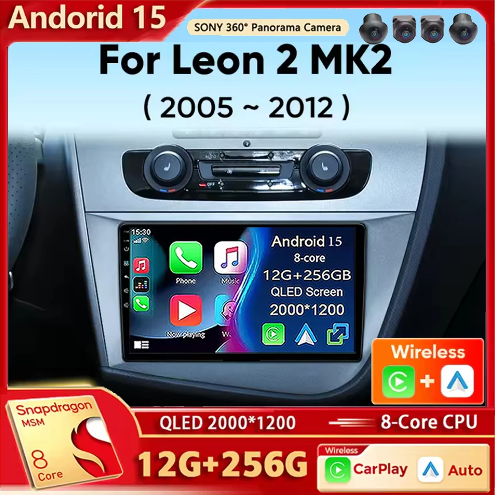 Para SEAT Leon MK2 2005 2007 2008 2009 2010 2011 2012 WIFI 4G Android 15 Radio de coche inalámbrico Carplay Android Auto estéreo Multi
