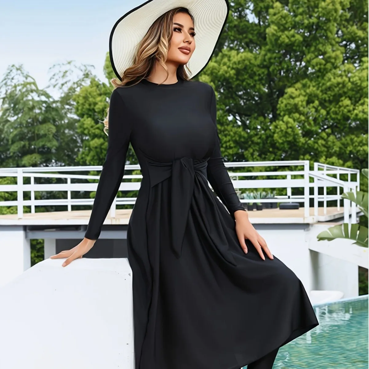 Women 2Pcs Burkini Modest Swimwear Solid Black Long Sleeve Dress Style Swimsuit Leggings UPF50+ Conservative Beach Bathing Suit