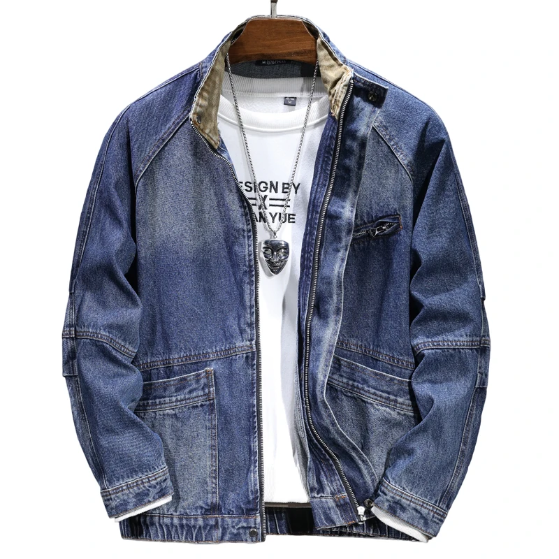 سترة رجالية بياقة واقفة وسحاب من قماش الدنيم موديلات جديدة للخريف والشتاء سترة فضفاضة غير رسمية للدراجات النارية من قماش الدنيم للرجال #5