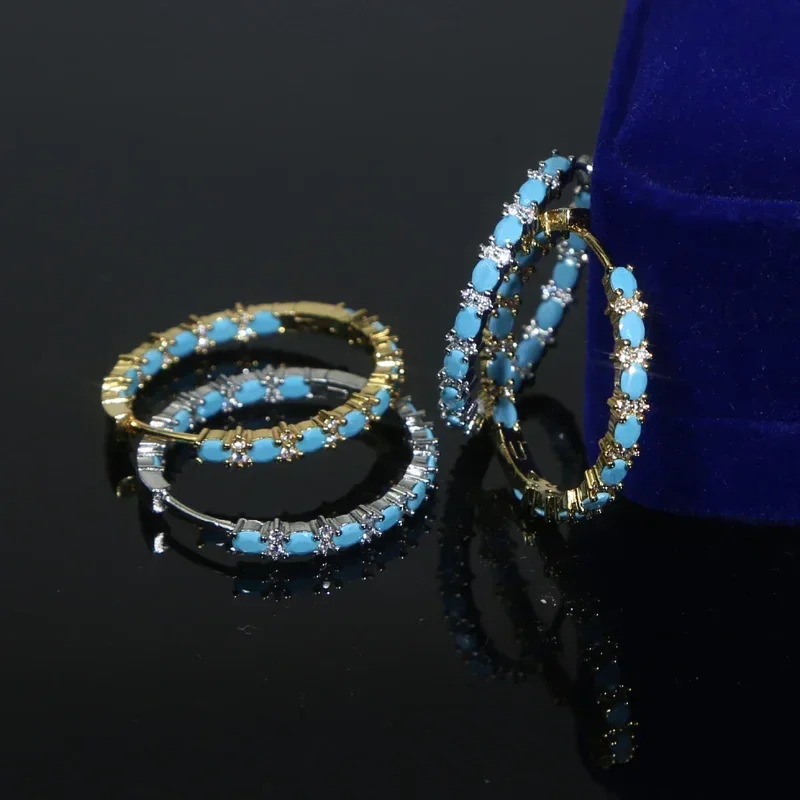 35mm Blue Turquoise Stone Round Big Circle Hoop Earrings for Women Gold Color Unisex Female Male Punk Wedding Hoops Jewelry