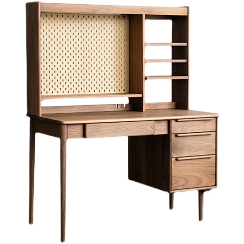 

Black walnut all solid wood desk bookshelf integrated against the wall office computer writing dresser