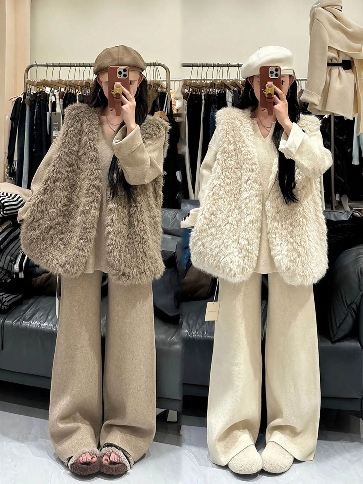 

Зимний повседневный женский комплект-тройка: плюшевый жилет, вязаный свитер, свободные брюки с высокой талией – комфорт и непринужденный стиль