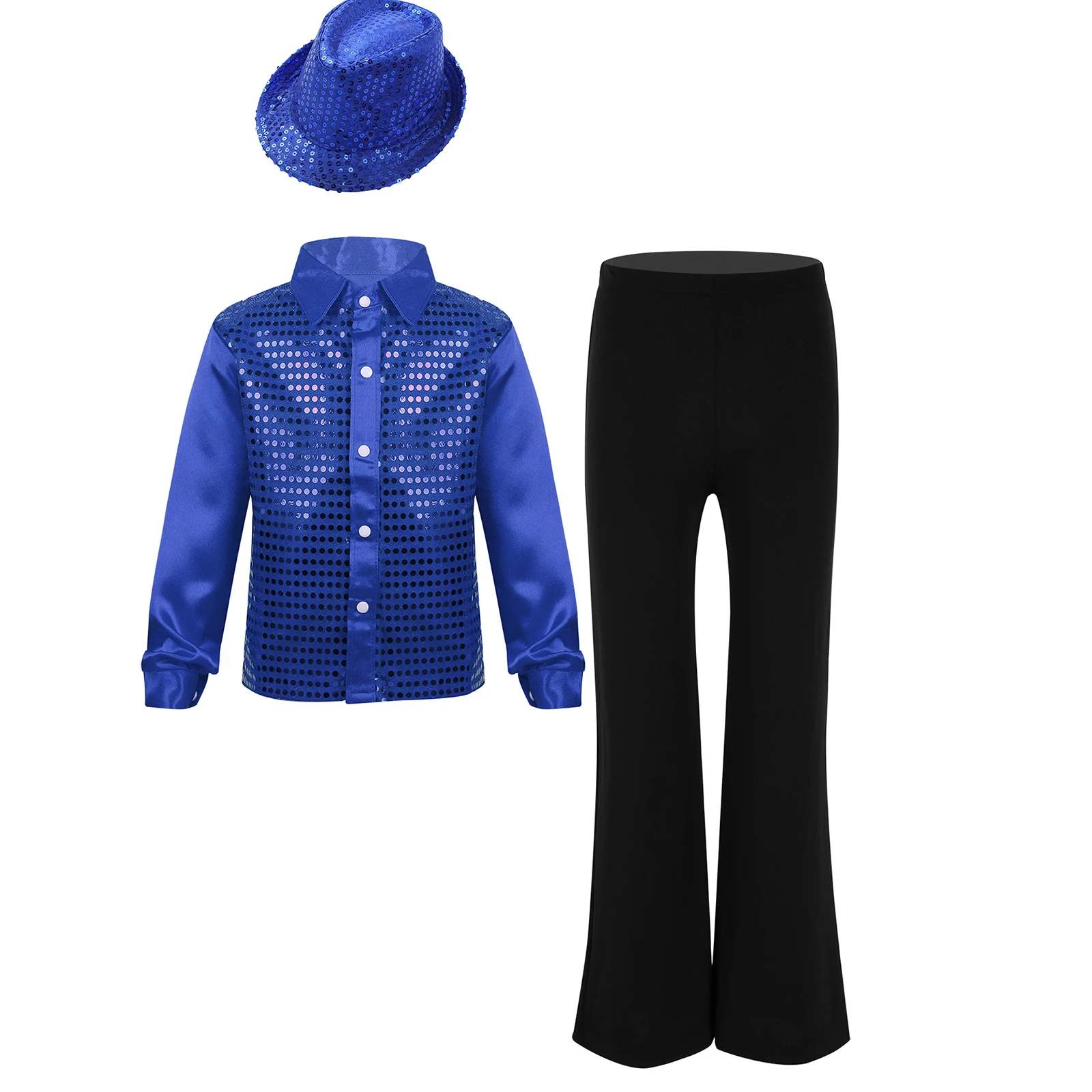 Kids Boys Long Sleeve Glittery Sequin Shirt with Pants Sequined Hat Jazz Dance Performance Outfit Hippie Costume Disco Suits