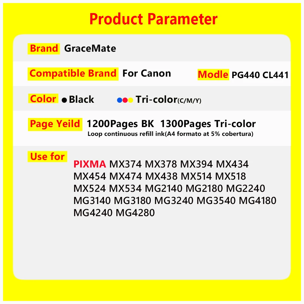 GraceMate Compatible PG440 CL441 Refillable Ink Cartridge for Canon MG3240 MG3540 MG4240 MG3640 MX524 MX454 MX374 MX434 MX450