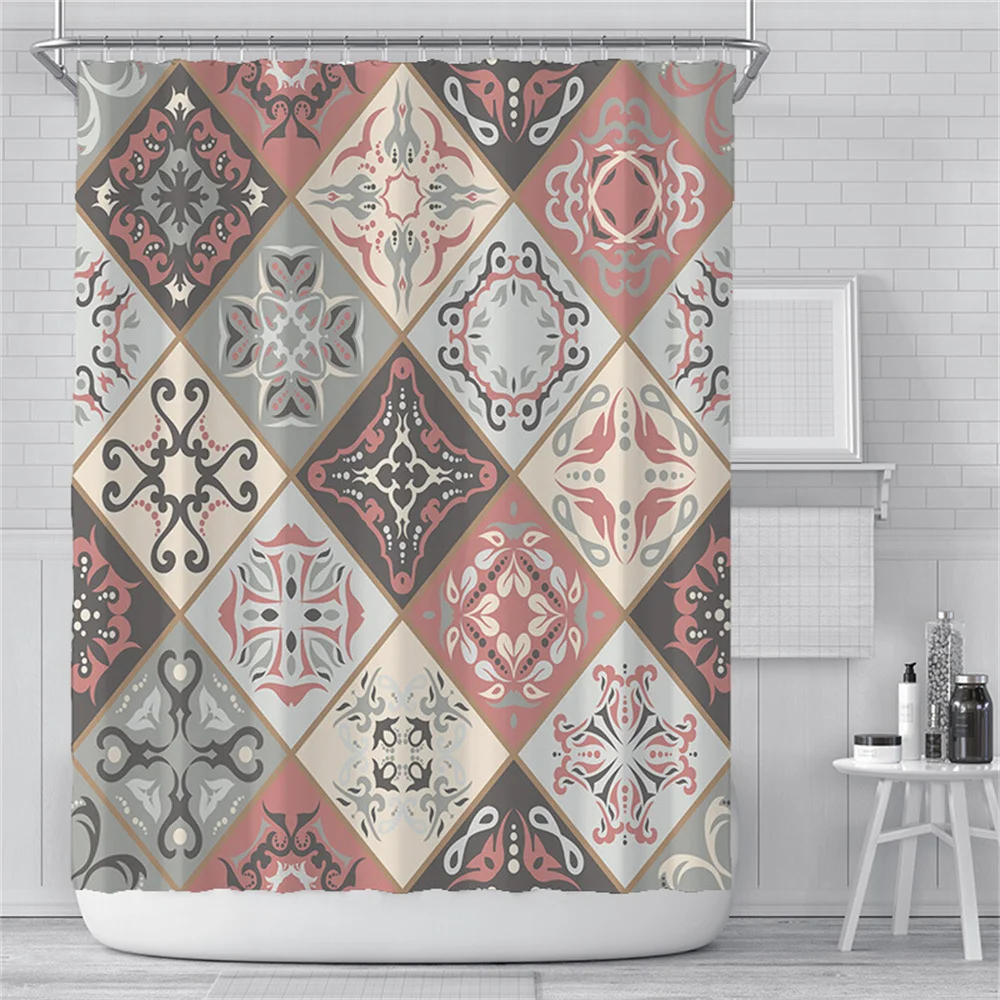 Patchwork Bathroom Curtain Mesh Floral Pattern Shower Curtain Bathroom Polyester Waterproof Fabric Trim with Hooks Bath Curtain