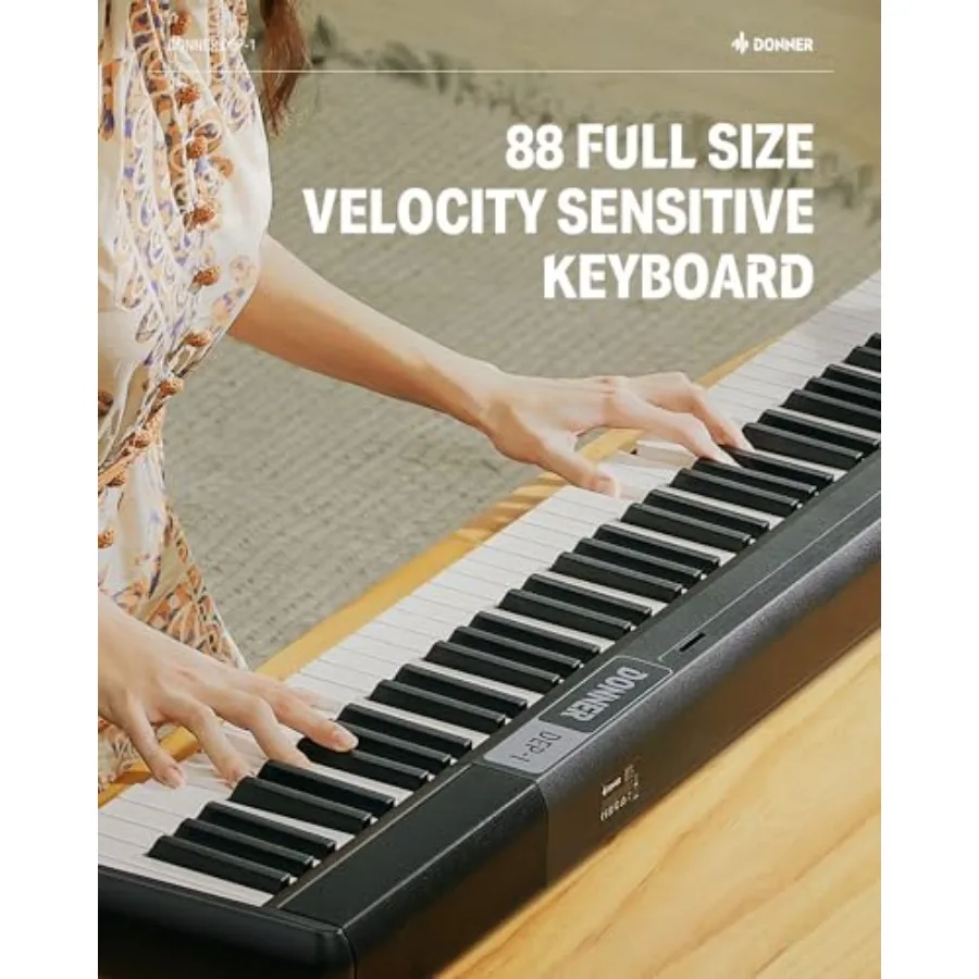 Beginner digital piano for home practice: 88-key velocity-sensitive keyboard, black finish, portable design with stand, sustain