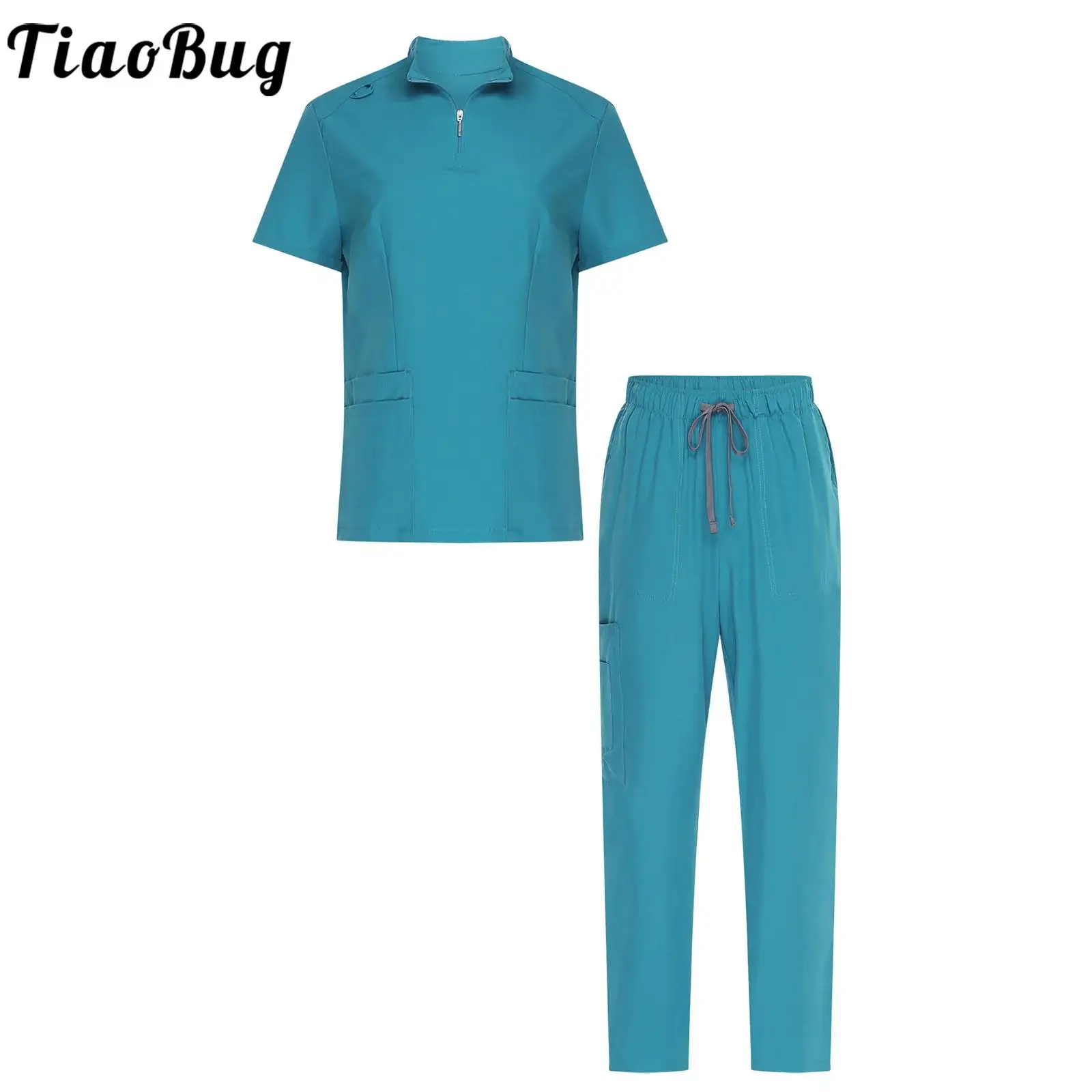 طقم ملابس نسائية طبية بأكمام قصيرة بلوفر وسراويل متعددة الجيوب سريعة الجفاف لزي جراح الأسنان التمريض