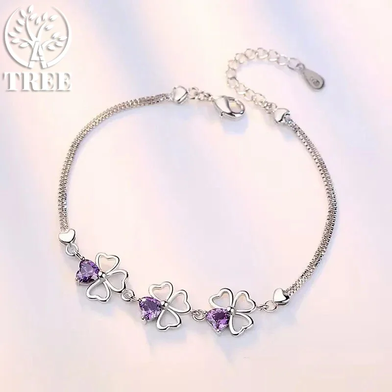 ALITREE Hot 925 Sterling Silver Purple Crystal Lucky Clover Bracelets for Women Fashion Luxury Designer Party Wedding Jewelry