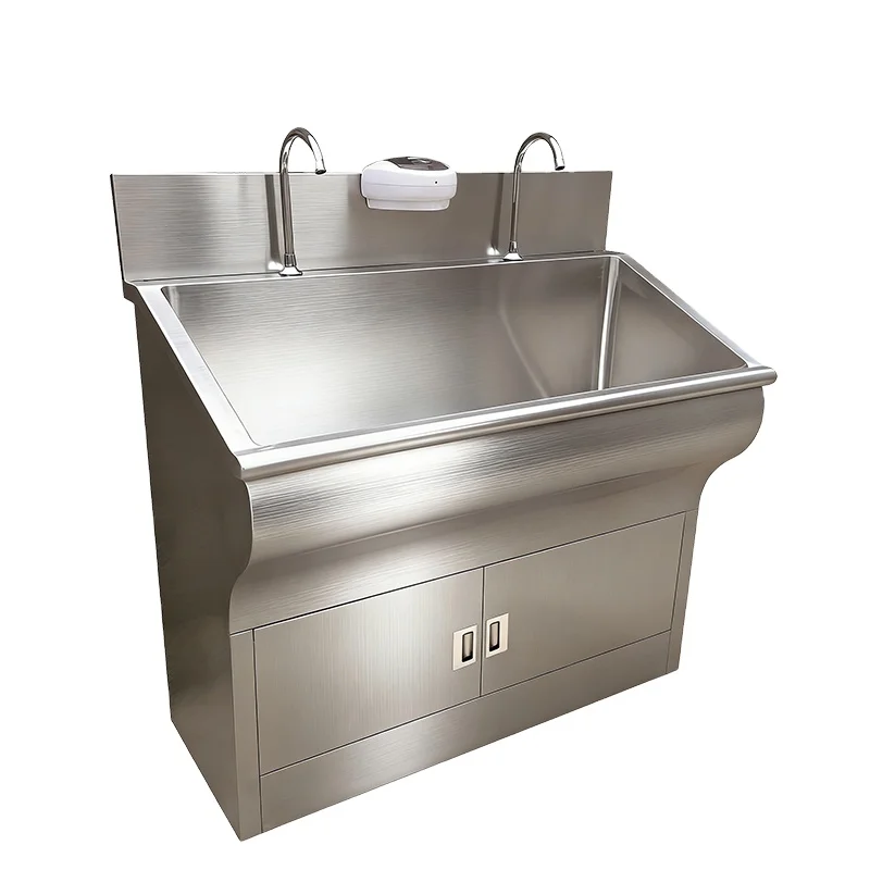 Single User Hospital Stainless Steel Scrub Sink Medical Hand Washing Station with Mirror and Touchless Sensor Faucet