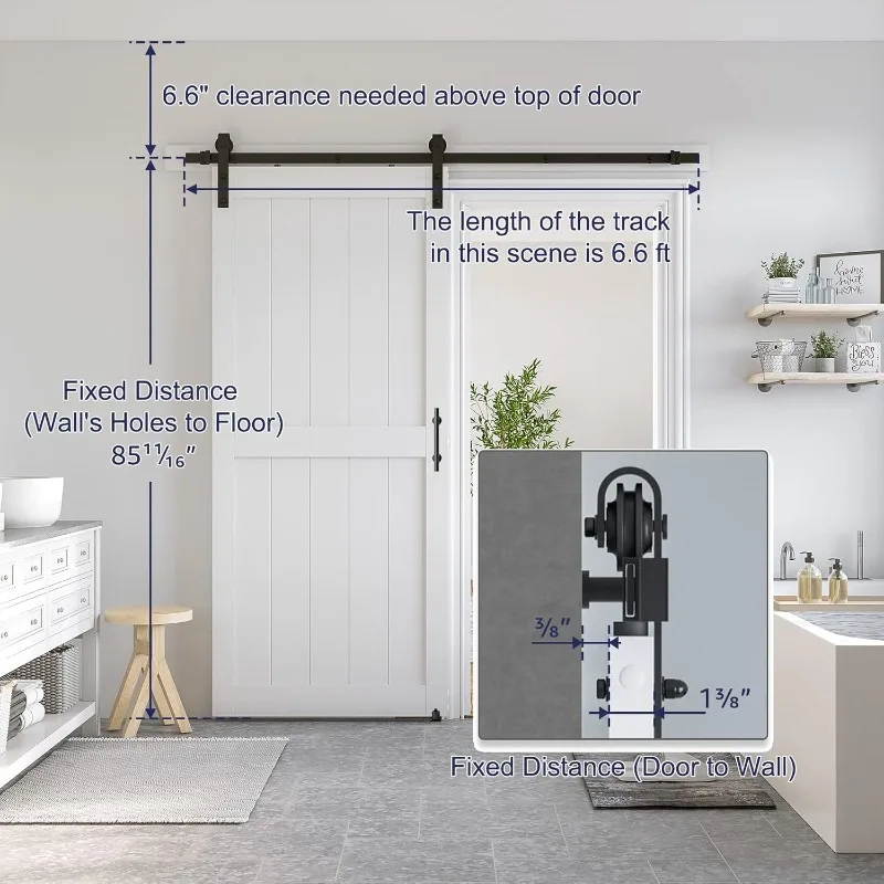 36 x 84 inch White Slidng MDF Barn Door with 6.6FT Black Sliding Door Hardware Kit & Handle, Pre-Drilled Ready to Assemble