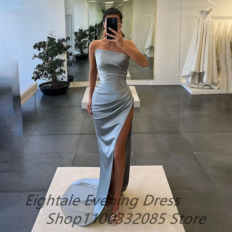 Eightale 2023 Champagne Satin Prom Dress Sexy Slit Evening Party Dress Strapless Women Formal Prom Gown Robes De Soirée