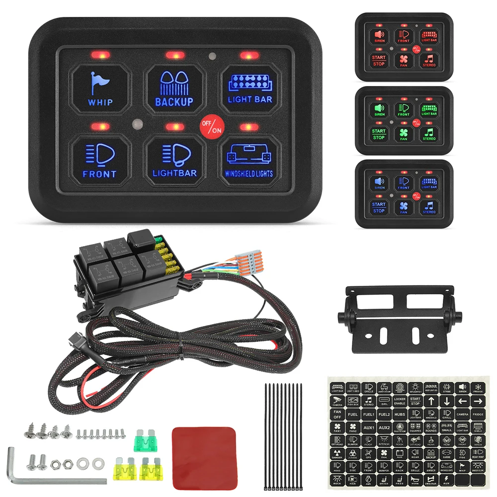 7 LED Backlights Switch Panel 12V-24V 6 Gang with 80 Switch Stickers On-Off Control Cars Auxiliary Electronic Devices Universal