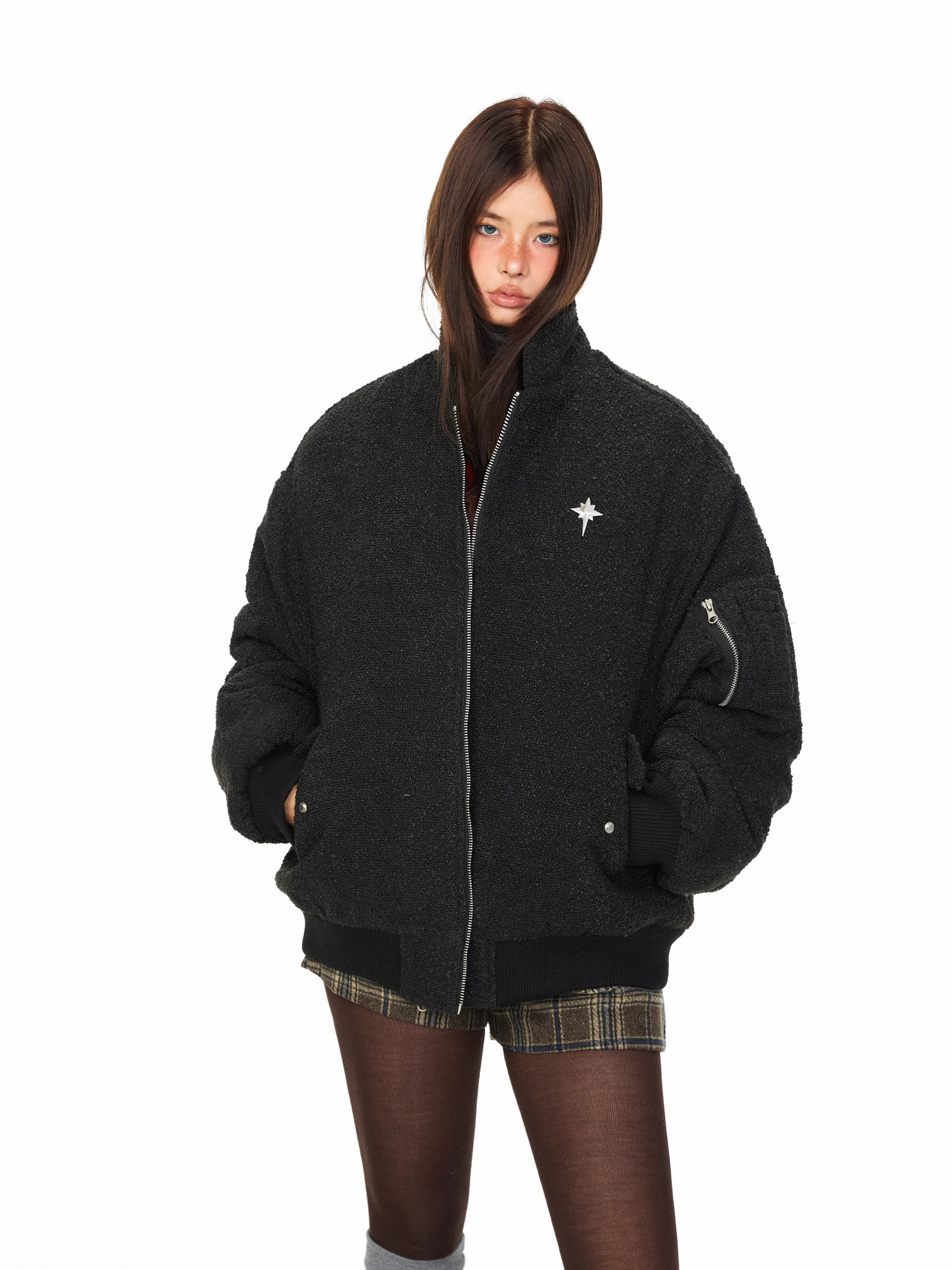 Blackbb Textured Stand Collar Zipper Jacket Thickened Casual Loose Cotton Outerwear Warm Street Style Neutral Fashion Brand