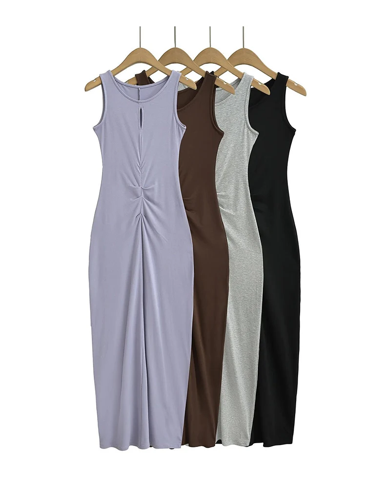 

Summer Folds Elastic Slim Tank Sleeveless Dress Women Solid Color Midi Dresses