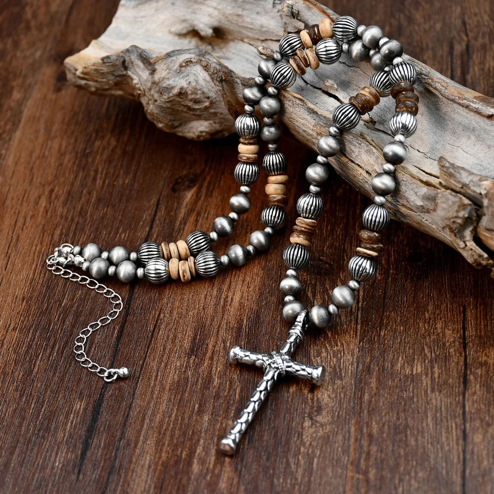 Cross Pendant Vintage Navajo Pearl Coconut Shell Handmade Beaded Necklace for Women & Men