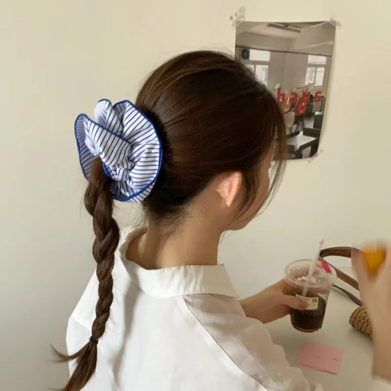 Large Blue stripe Hair Scrunchie for Women Girl Elastic Hair Tie Rope Rubber Lattice Hairband Headdress Hair Accessories