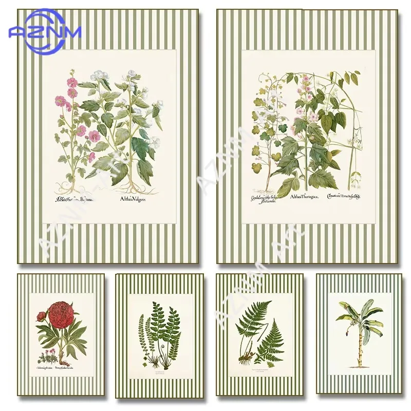 1 Stück Grün Gestreiftes Antikes Pfingstrosen-Farn-Poster Tropisches Botanisches Blumenposter Leinwanddruck Wandkunst für Wohnzimmer Heimdekoration