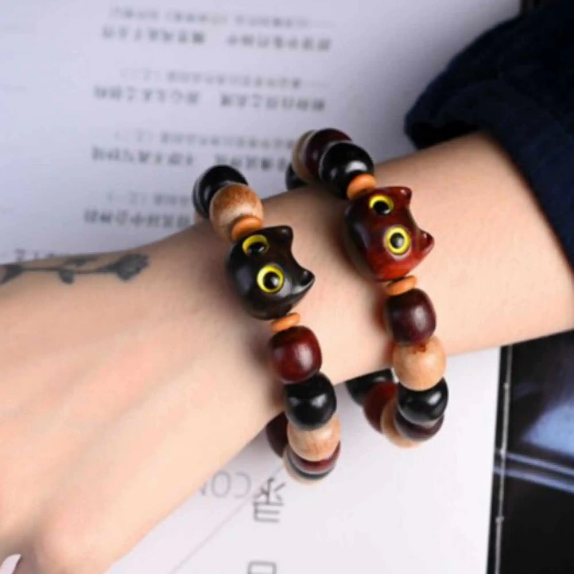 Round Rosewood cat woodiness beads bracelet National Style Bohemian Wrap Handmade Party Beaded Classic Link Karma