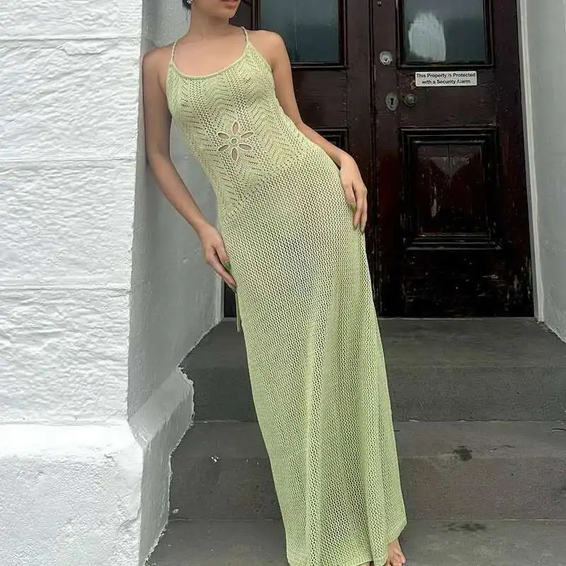 Jacquard scava fuori scollo a U spiaggia bikini sexy lavorato a maglia bretella aderente lungo da donna elegante abito con fasciatura incrociata