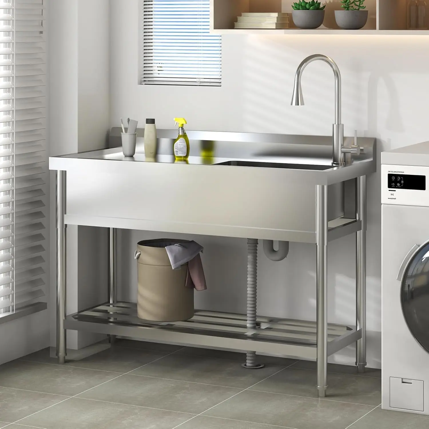 

Stainless Steel Freestanding Utility Sink with 304 Stainless Faucet - Single Bowl Heavy Duty Kitchen Sink for Laundry Room, Gara