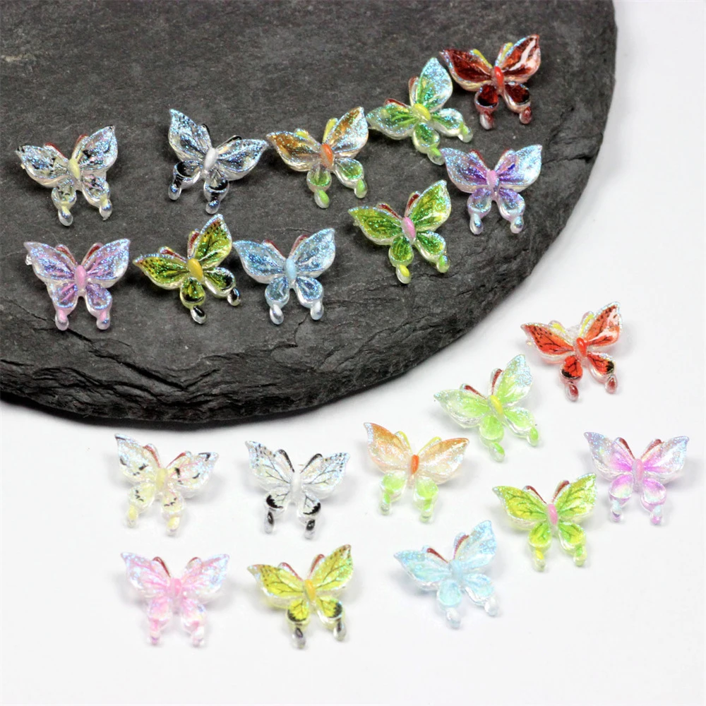 50Pcs 11mm Phantom Color 3D Resin Butterfly No Hole Beads For Jewelry Making DIY Nail Patch Phone Case Decorations Handmade