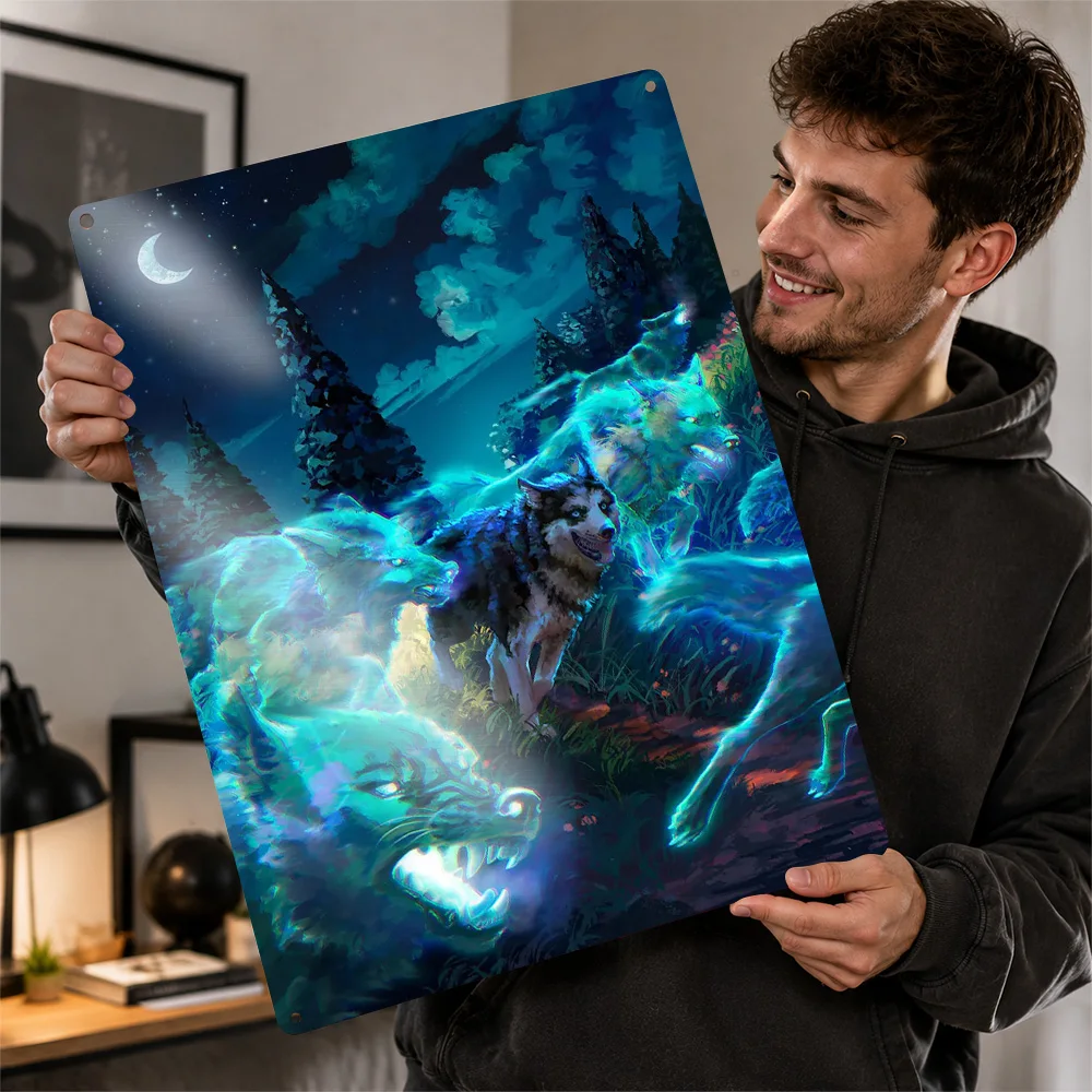Spectral Wolf Pack Textured Poster Customized Metal Tin Sign Atmospheric Character Style Wall Art Chosen By Fantasy Collectors