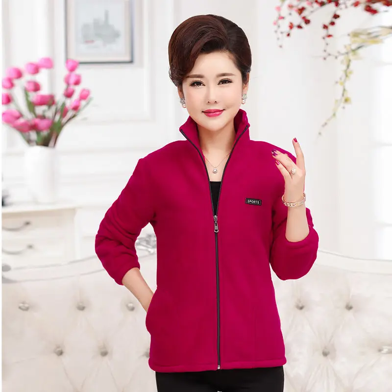 Plus Size Autumn Mid-aged Women Fleece Jackets 5XL Casual Stand Collar Warm Jacket Zipper Outerwear Mother Winter Coat