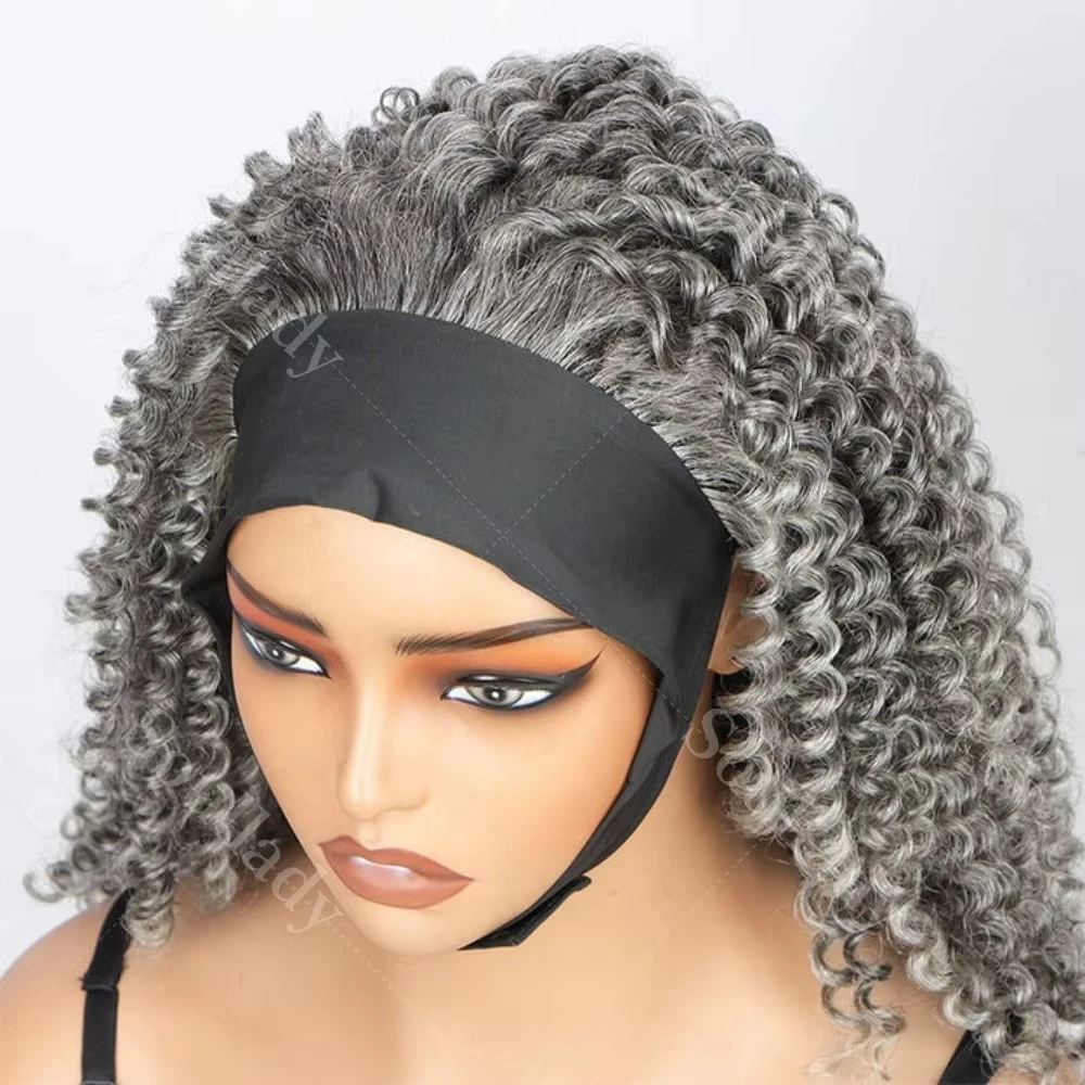 Silver Gray Jerry Curly Human Hair Headband Wig Salt And Pepper Color Kinky Curl Grey Short Bob Human Hair Wigs For Mature Women