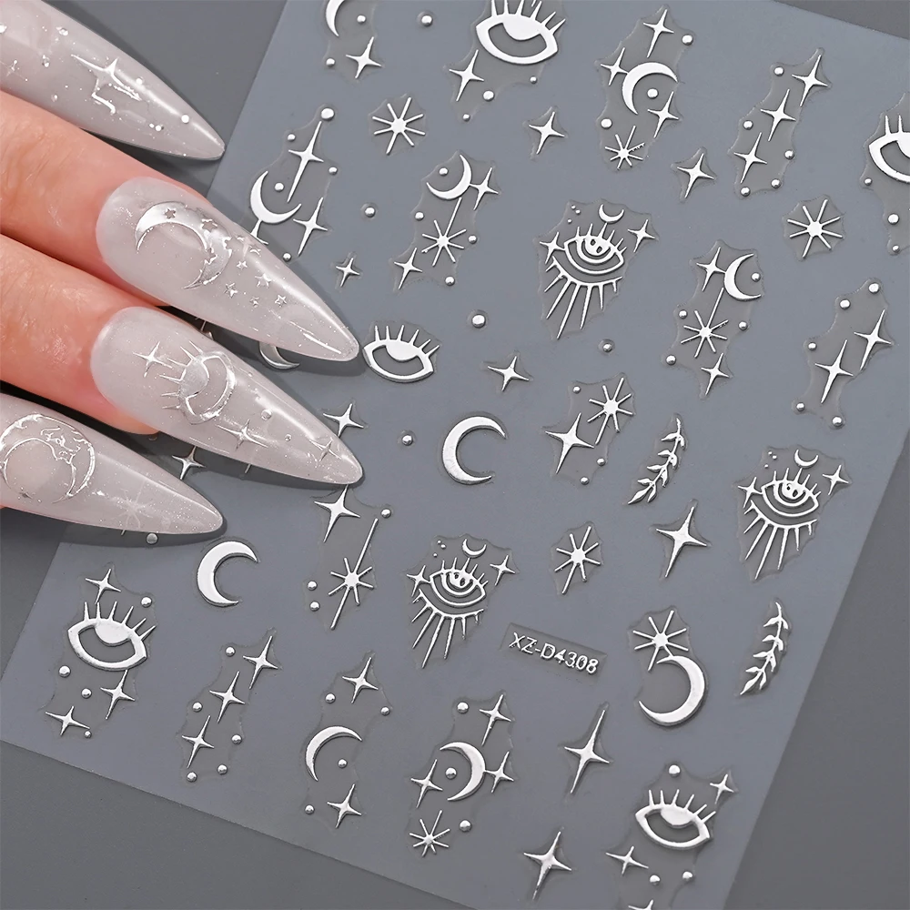 12 ชิ้น Glitter Silver Moon Star Sun Nail Art Decals 3D Bronzing งูแมวสติกเกอร์เล็บ 8*10 เซนติเมตร Self - กาว Starlight เล็บ Slider