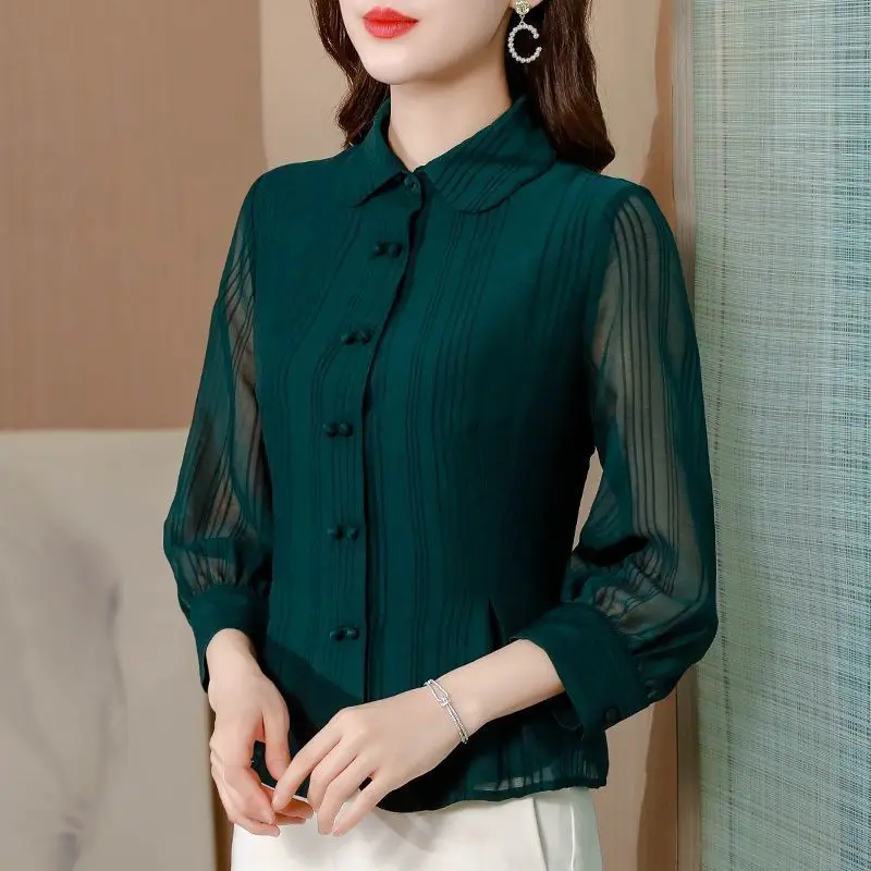 Spring Autumn New Women Shirts Solid Lapel Single Breasted Temperament Fashion Chic Long Sleeve Slim Corset Chiffon Shirt Tops