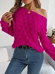 Autumn Winter Casual Hollow out Slash Neck Sweater Solid Off Shoulder Lantern Long Sleeve Pullover Women Clothes Sexy Tops Pink