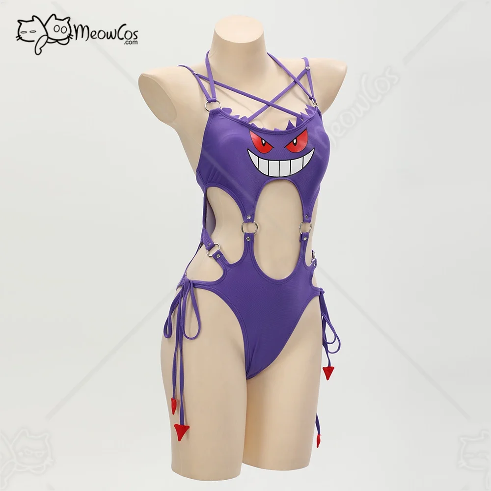 Meowcos Women Gothic Swimwear Purple Ghost Sexy Beachwear Mini Skirt One-Piece Swimsuit with Cover Up