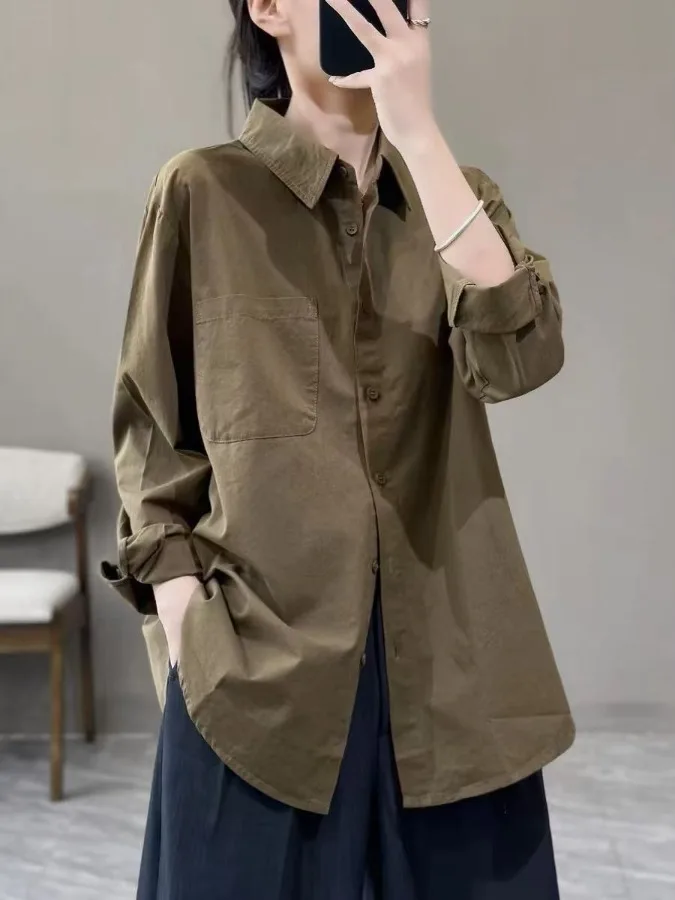 

Свободная женская рубашка с длинным рукавом, однотонная, винтажная, художественная, большого размера, на пуговицах, с воротником, дышащая, для трансграничной торговли, весна