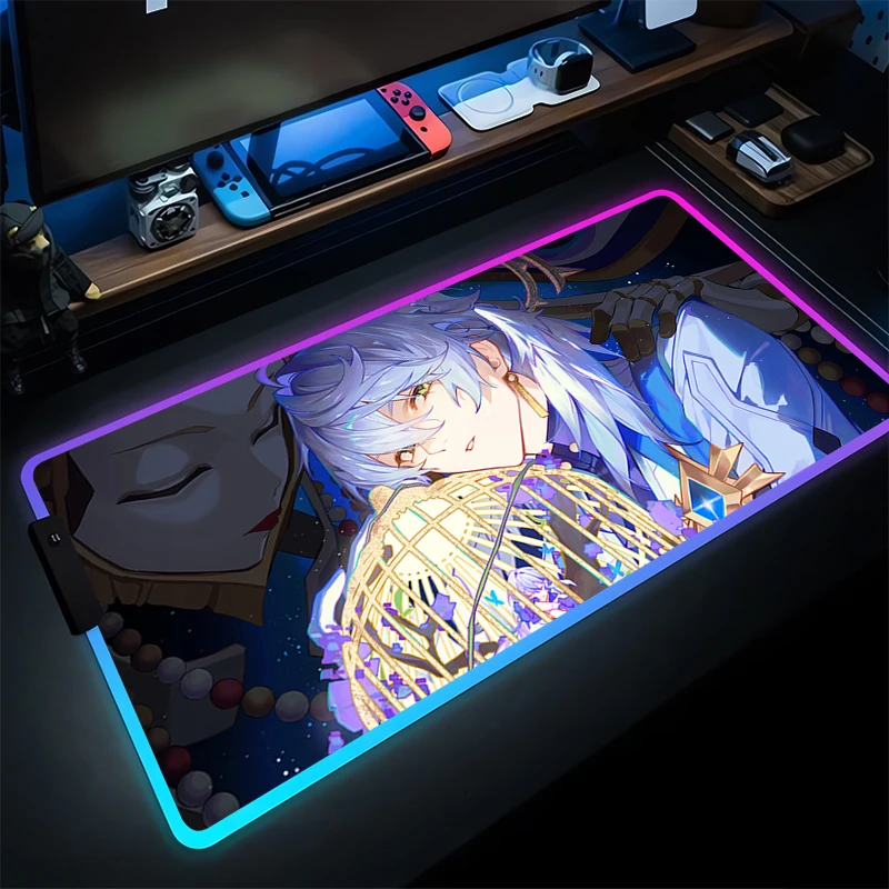RGB Mouse Pad LED Gamer Desk Mat Komputer PC Anime Mousepad Honkai Star Rail Minggu HD Keyboard Pad Aksesoris Gaming Mousepad