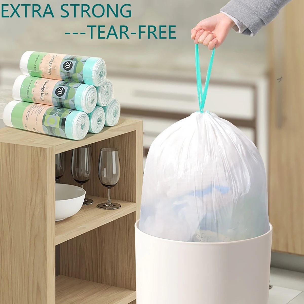 Thick Large Tear Free Drawstring Garbage Bag Portable Automatic Kitchen Waste Cleaning Bag for Household Use