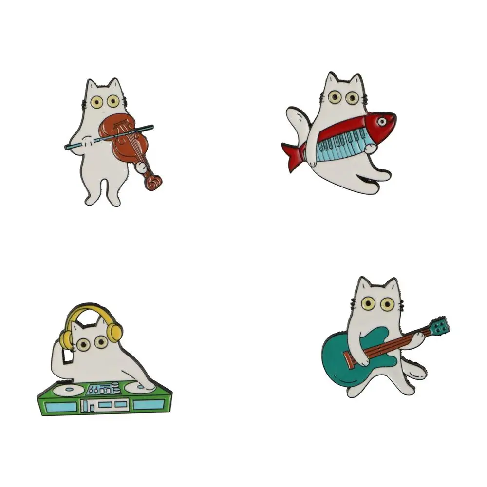 Temperament Accordion Cat-shape Brooch Violin Guitar Animal Theme Metal Pin Funny Cartoon Women Suit Lapel Pins Daily