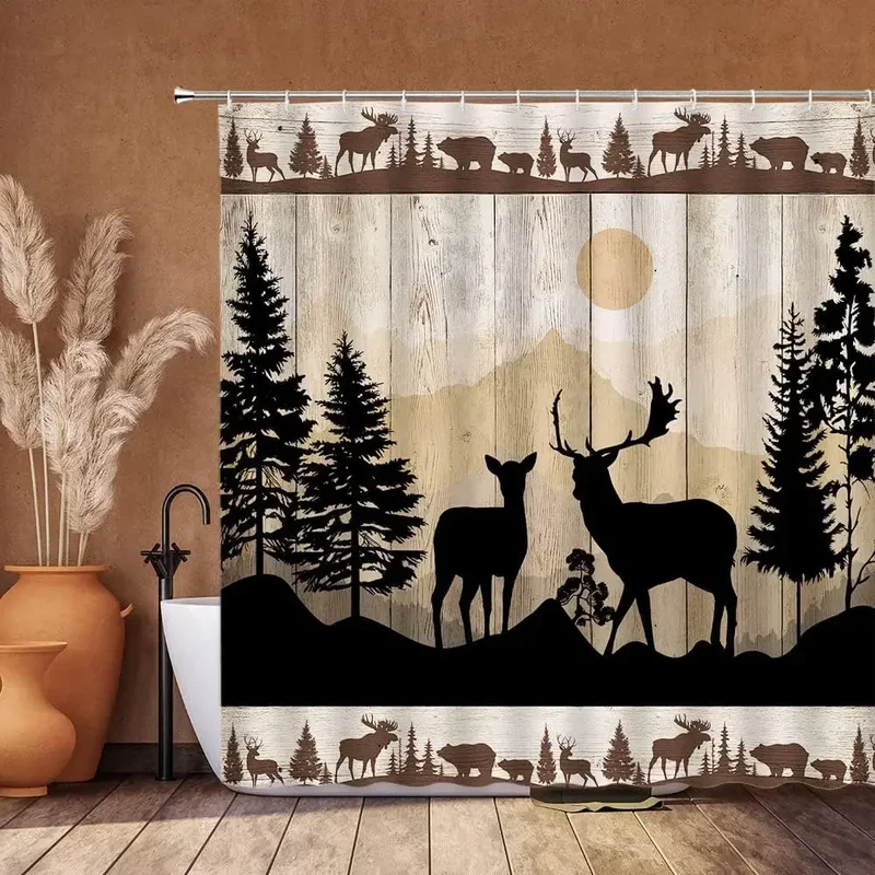 Fall Forest Shower Curtain, Farm Animals Bear Deer Vintage Wooden Barn Planks Wild Nature Mountain Sunset, Bathroom Decoration