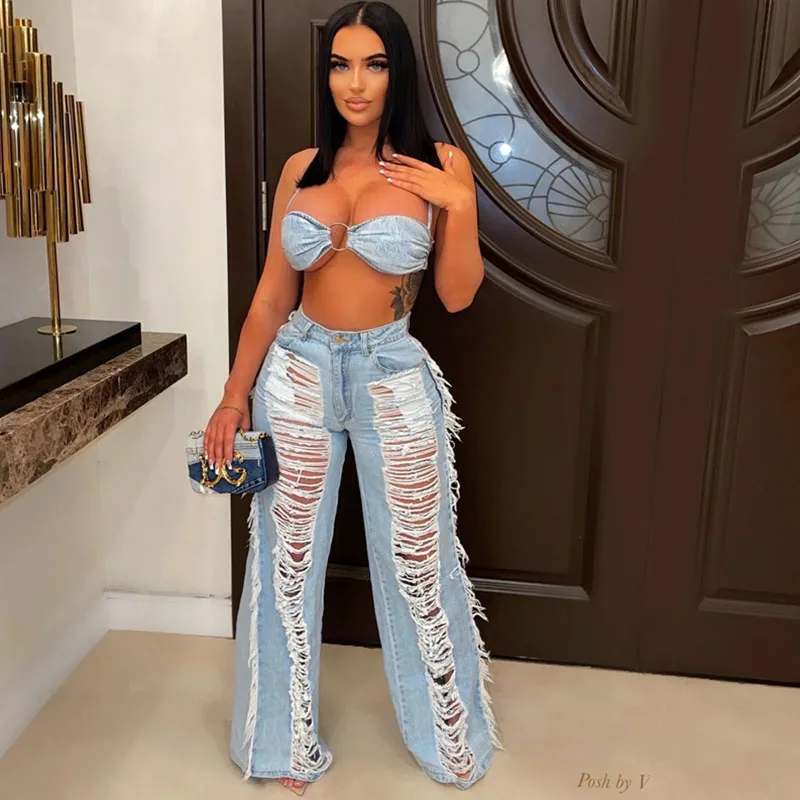 

Streetwear Denim Two Piece Set Women Clothing Set Sexy Bra Top Rip Hole Wide Leg Pants Suit Jeans Party Club Festival Outfit