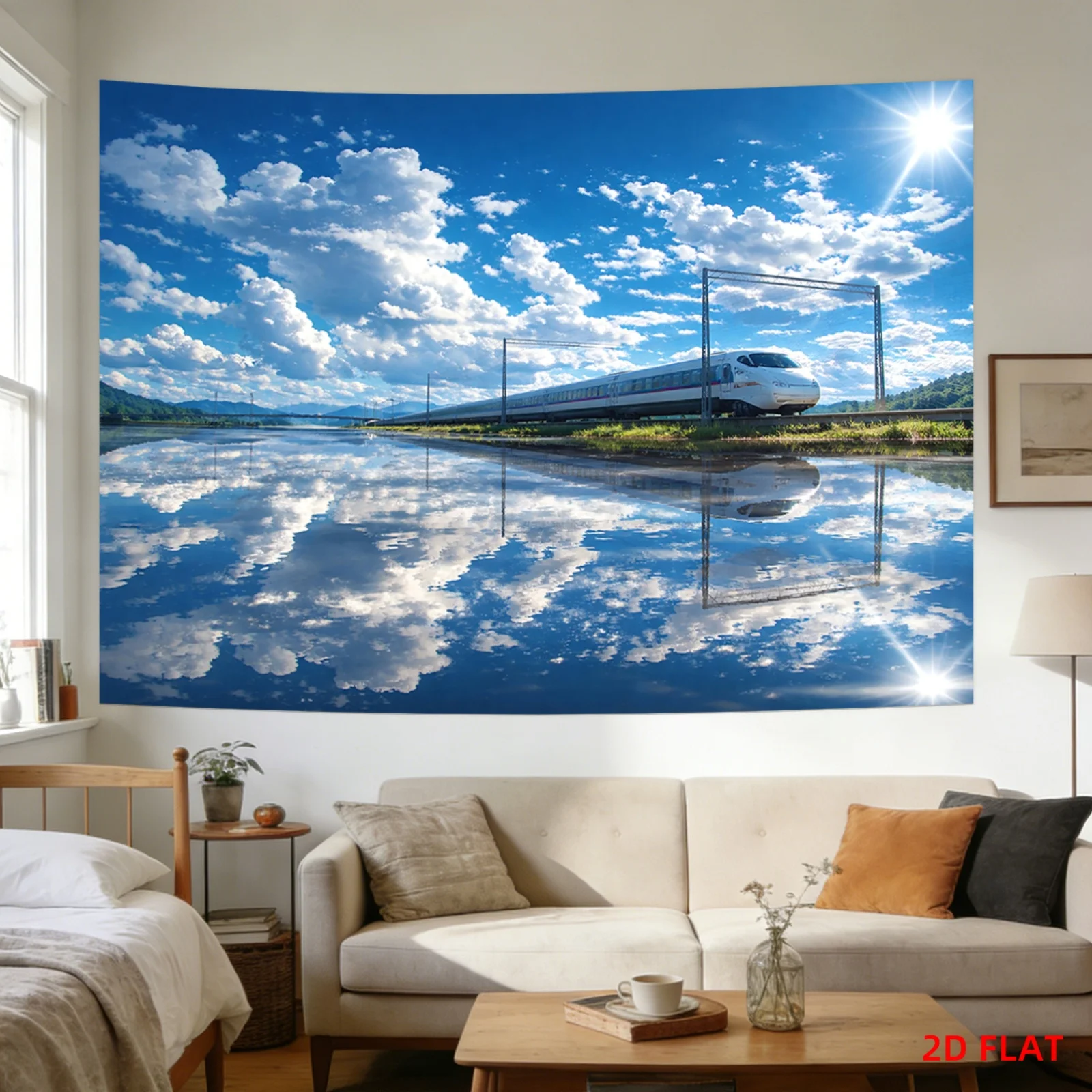 High-Speed Train Landscape Tapestry with Cloud Reflection in Water 180x280cm Wall Decor aesthetic room decor