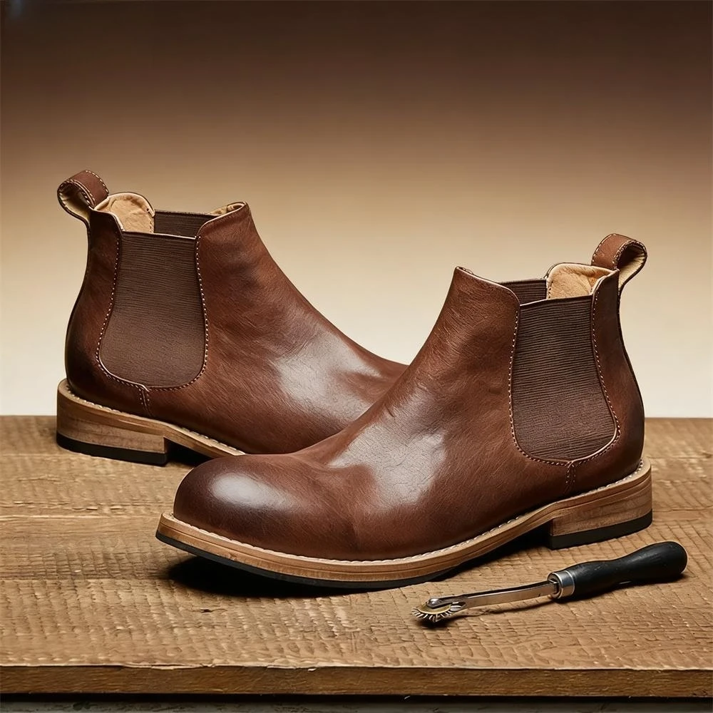 

Men's Elastic Gores Chelsea Ankle Boots, Brown Slip-On Formal Casual Footwear, Comfortable Goodyear Welted Boots for Daily Wear
