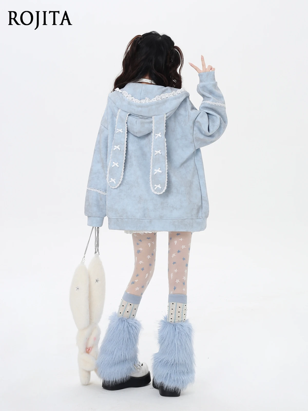 

Sweet Lace Patchwork Cartoon Hoodie Rabbit Ear Hooded Zipper Sweatshirt Sweet Girly Loose Design Autumn Winter Women Hoodies