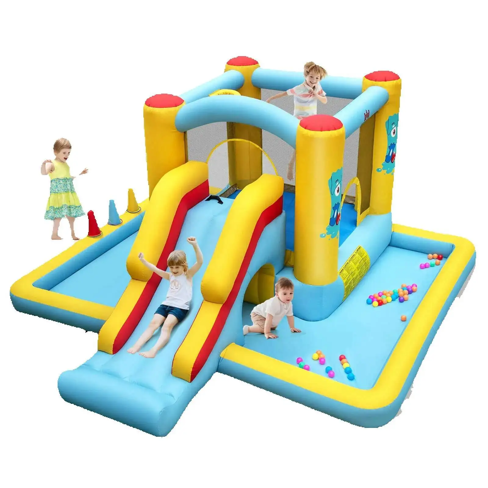 Bounce Iatable House, 7-In-1 Giant Bouncy Castle With Slide, Tunnel, Basketball Hoop & Ring-Toss Game, Slide, Tunnel