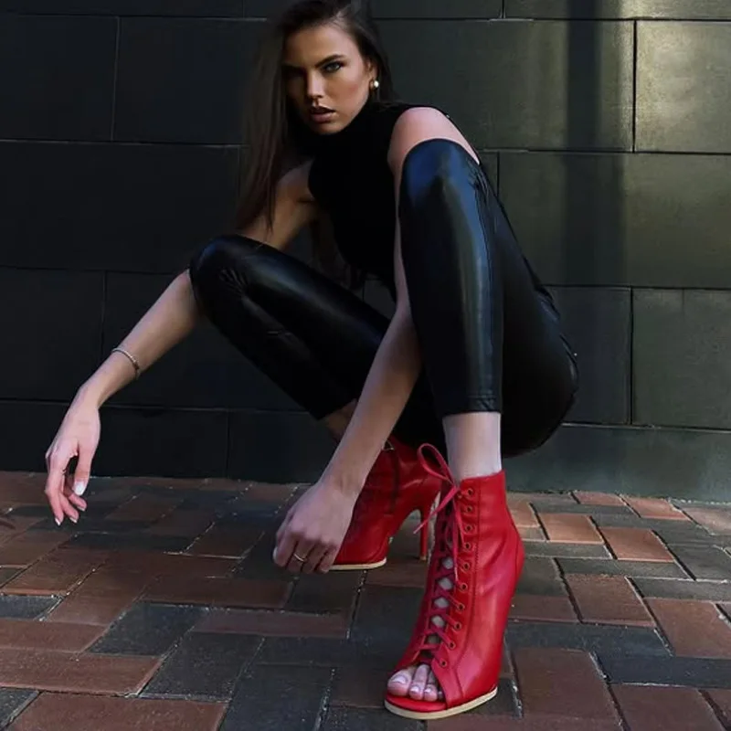 

Sexy High Heels Peep Toe Women Sandals Fashion Lace Up Cool Boots Jazz Dance Shoes