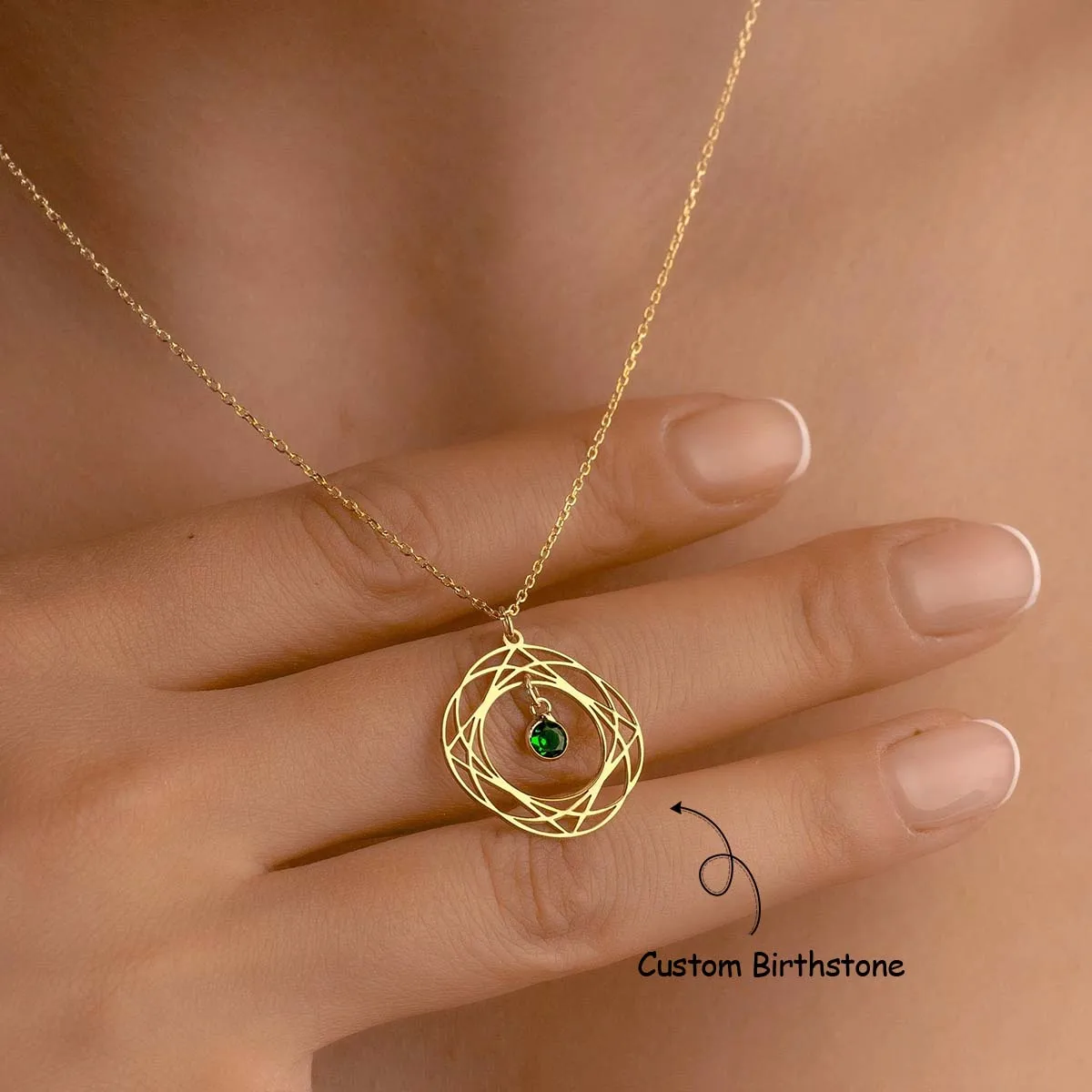 

Custom Birthstone Necklace with Curb Chain, Spiral Framed Birthstone Pendant, Birthday Gift for Her, Gold Plated Stainless Steel