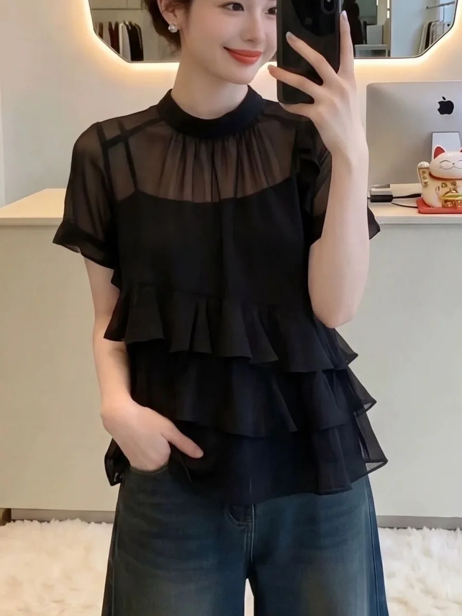 

Black Short Sleeve Chiffon Shirt Women Summer Thin Design Sensation Lace T-Shirt Elegant Slimming Lightweight Blouse French S...