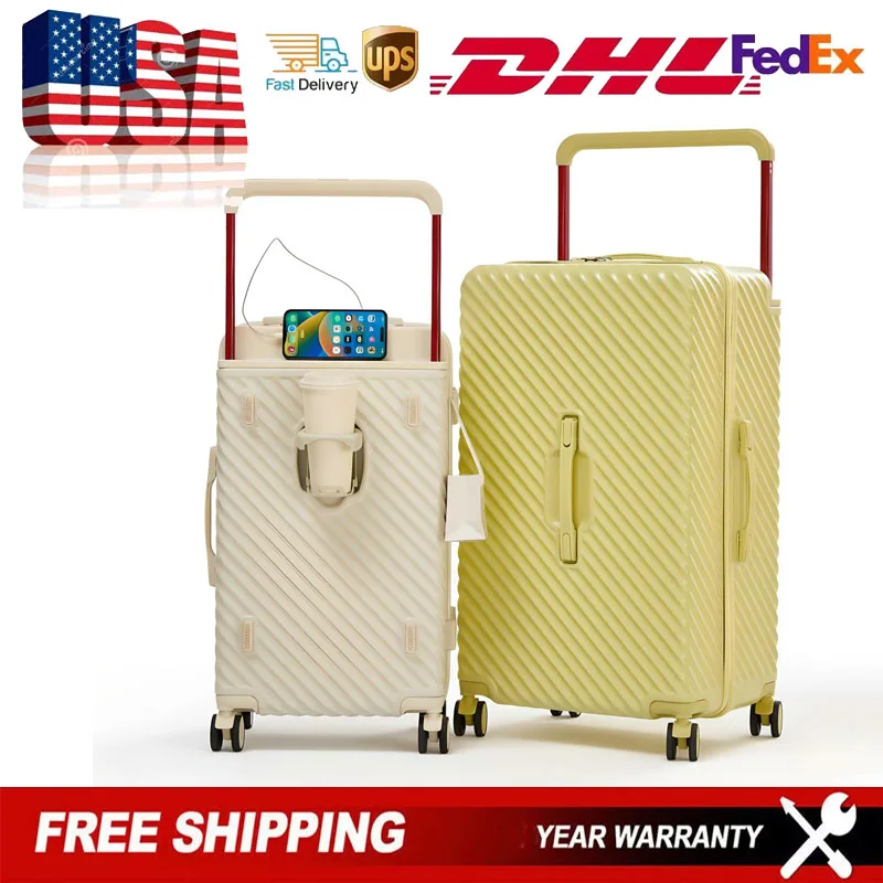 

24inch Lightweight Travel Suitcase with 5 Spinner Wheels Luggage Zipper Trolley Case with USB Cup Holder Capacity Box Suitcase