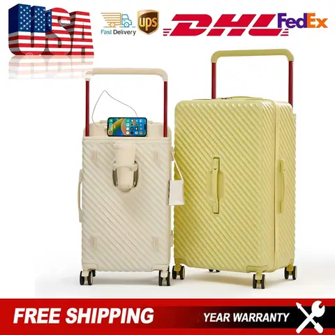 24inch Lightweight Travel Suitcase with 5 Spinner Wheels Luggage Zipper Trolley Case with USB Cup Holder Capacity Box Suitcase