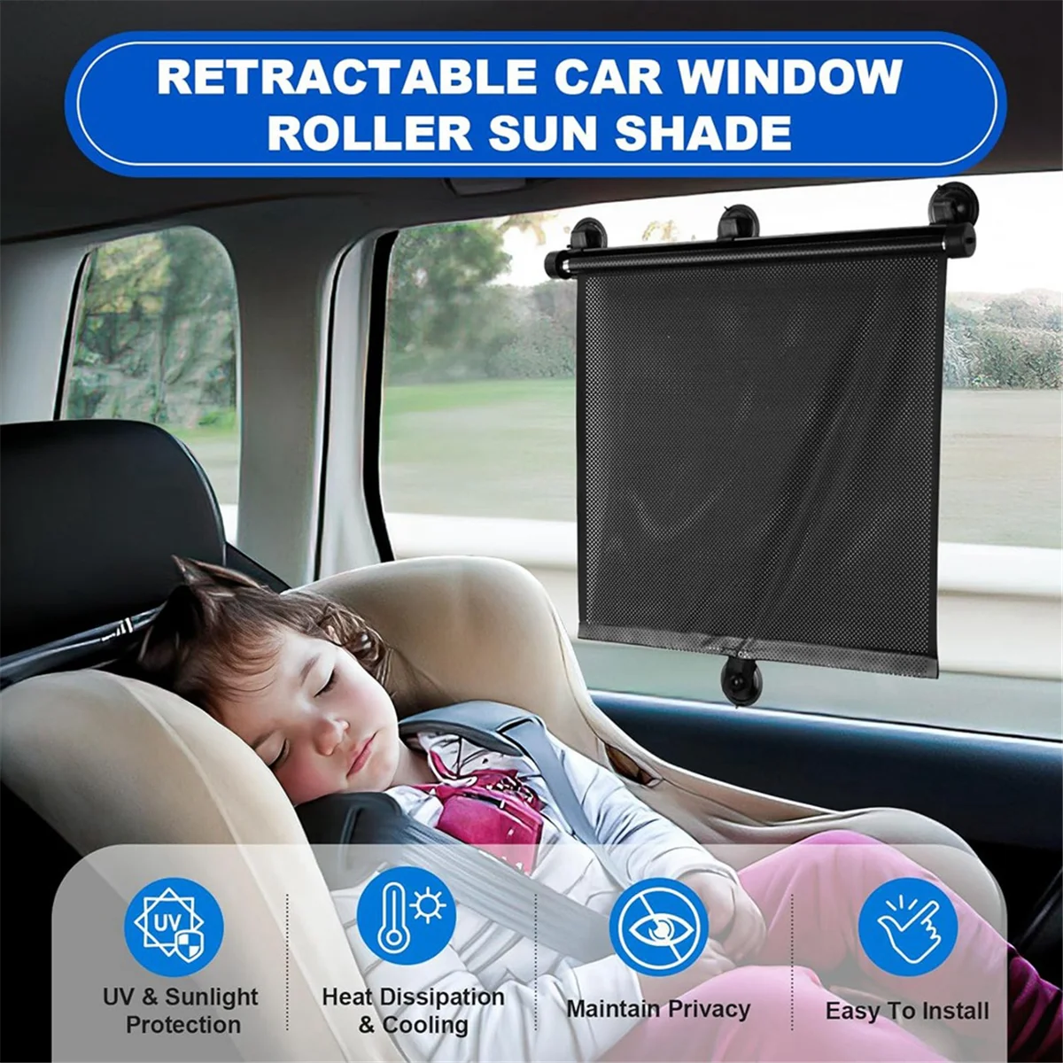 Car Side Window Sun Shade 2 Pack, Retractable Car Roller Sunshade for Kids, Baby Car Window Shades for UV and Sun