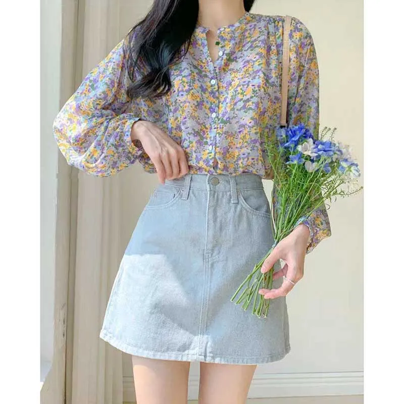 Fashion Stand Collar Printed Button Chiffon Floral Shirts Women\'s Clothing 2024 Spring New Loose All-match Tops Casual Blouses